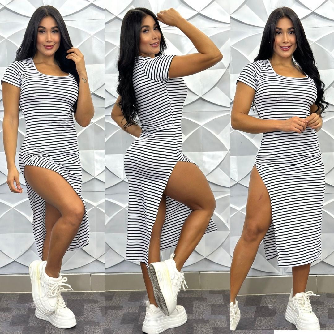 🌟 Vestido Rayas Manga Corta – Estilo Casual con un Toque Elegante